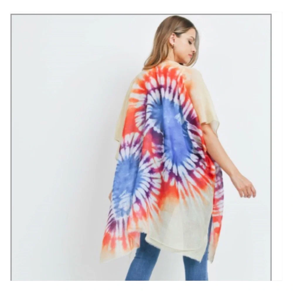 Boho Chic Kimono Wrap Robe Swim Coverup With Arms Tie Dye O/S Fits S-3XL - Picture 6 of 6